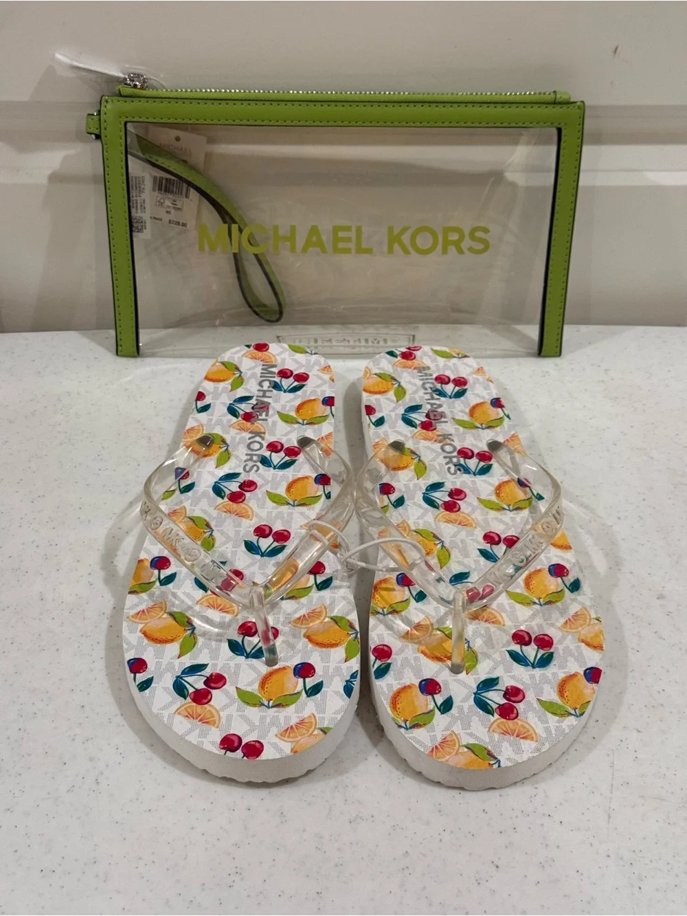 NEW Michael KORS Signature Tropical Fruit Print Wristlet & Sandal Set